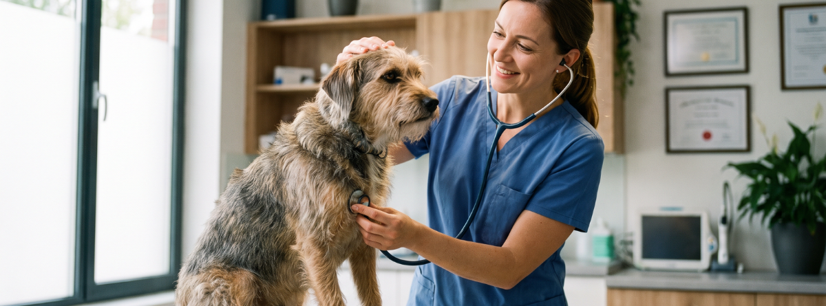 veterinaria con perro en la clinica