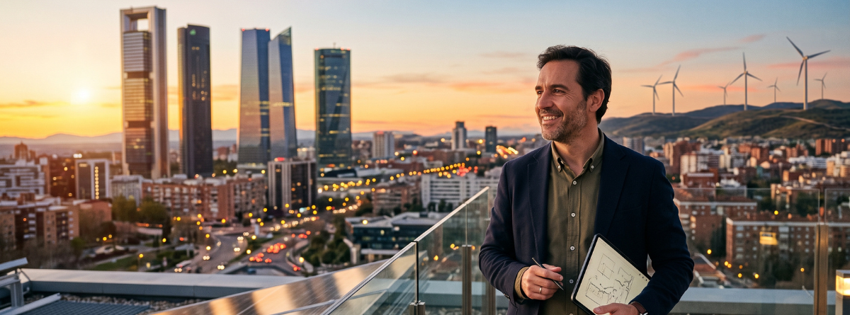 hombre en traje en terraza con el fondo de las cuatro torres de madrid 