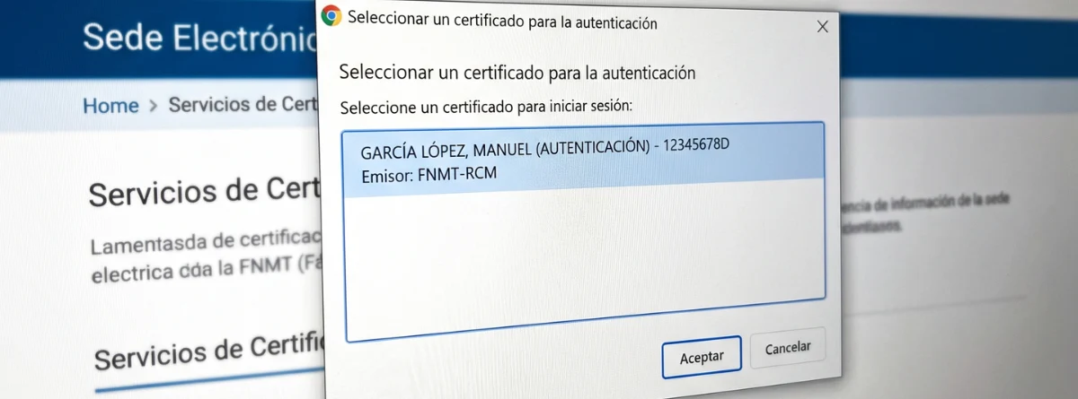  Ventana emergente en la Sede Electrónica de la FNMT mostrando un certificado digital instalado listo para ser seleccionado. 
