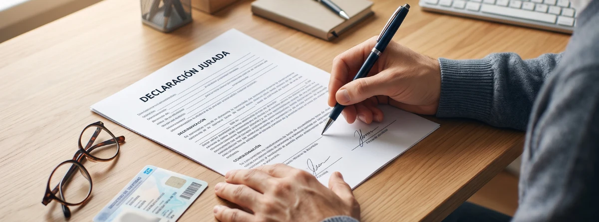  Persona firmando un documento de declaración jurada sobre un escritorio con su DNI al lado. 