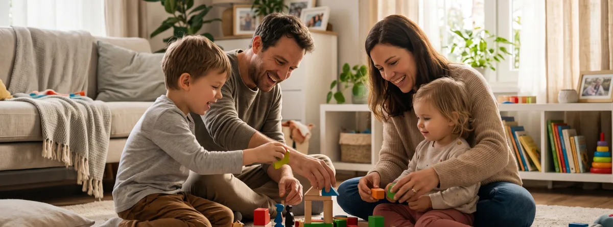Padres e hijos jugando en el salón representando el bienestar y la protección económica del hogar con un seguro de Mapfre. 